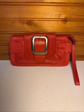 Rolfs Red Leather Wristlet Clutch with Statement Buckle